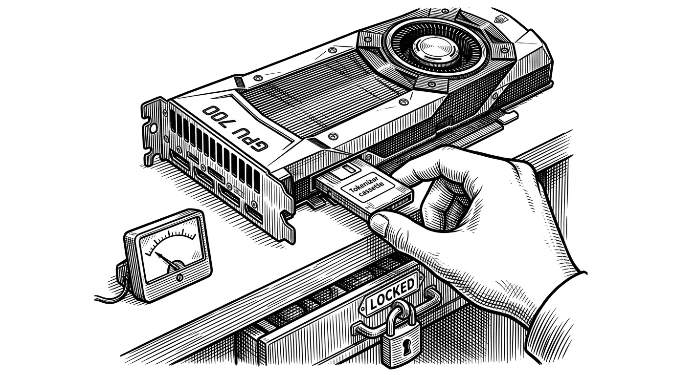 A close-up workbench scene shows a GPU card with a small tokenizer cassette sliding into a side slot while the full model weights remain locked in a separate drawer. A gauge stays low as the user previews data safely, illustrating how Unsloth avoids loading the whole model just to format or inspect inputs.