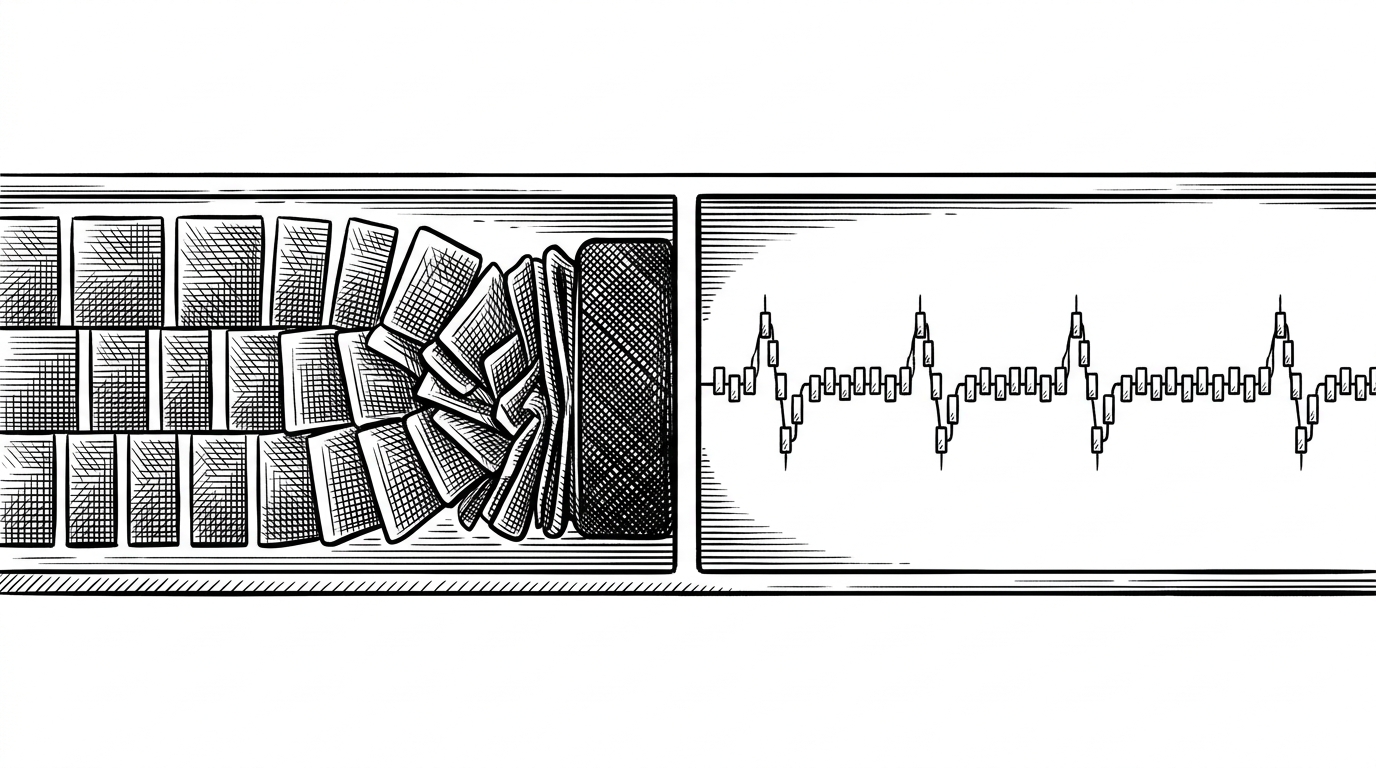 A close-up editorial illustration of a single terminal status area split into two different systems. On one side, stacked conversation blocks compress into a tighter shape as they approach a threshold. On the other side, a chain of small sparkline blocks traces usage over time like a heartbeat monitor. The image explains that ccsl separates context compaction from spend and session burn.