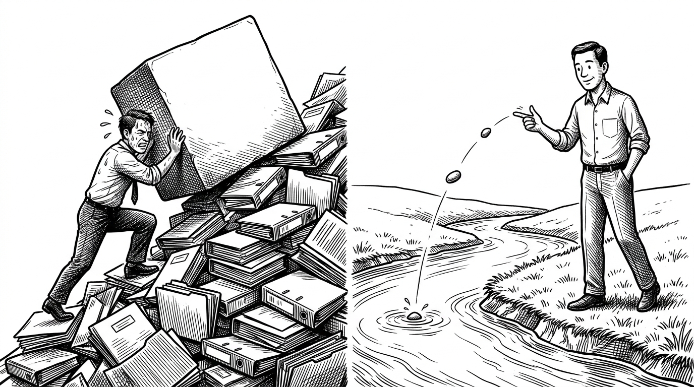 A split scene. On the left, a person struggles to push a massive stone block up a steep hill of folders. On the right, a person effortlessly flicks small pebbles into a flowing, clear river.