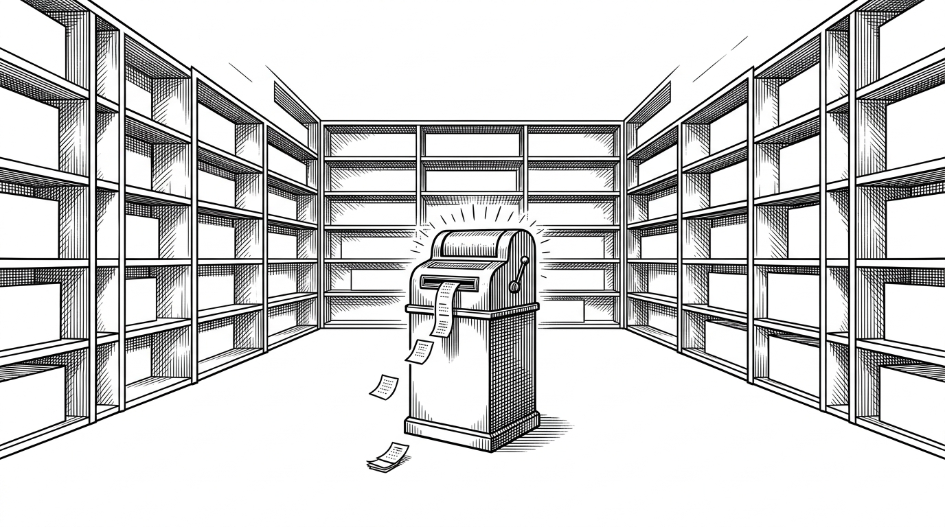 A vast, empty library where all the shelves are blank, but in the center, a single glowing ticker-tape machine is spitting out small, perfectly formed slips of paper. It represents the shift from rigid folder structures to a continuous stream.