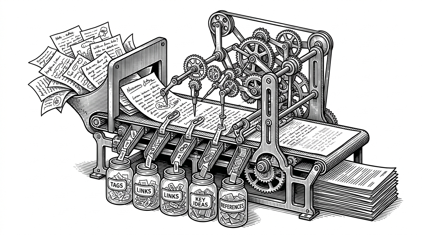 A mechanical sorter machine where a messy pile of handwritten notes enters one side. A series of precise gears extracts specific tags and links, depositing them into organized glass jars while the original note remains intact.