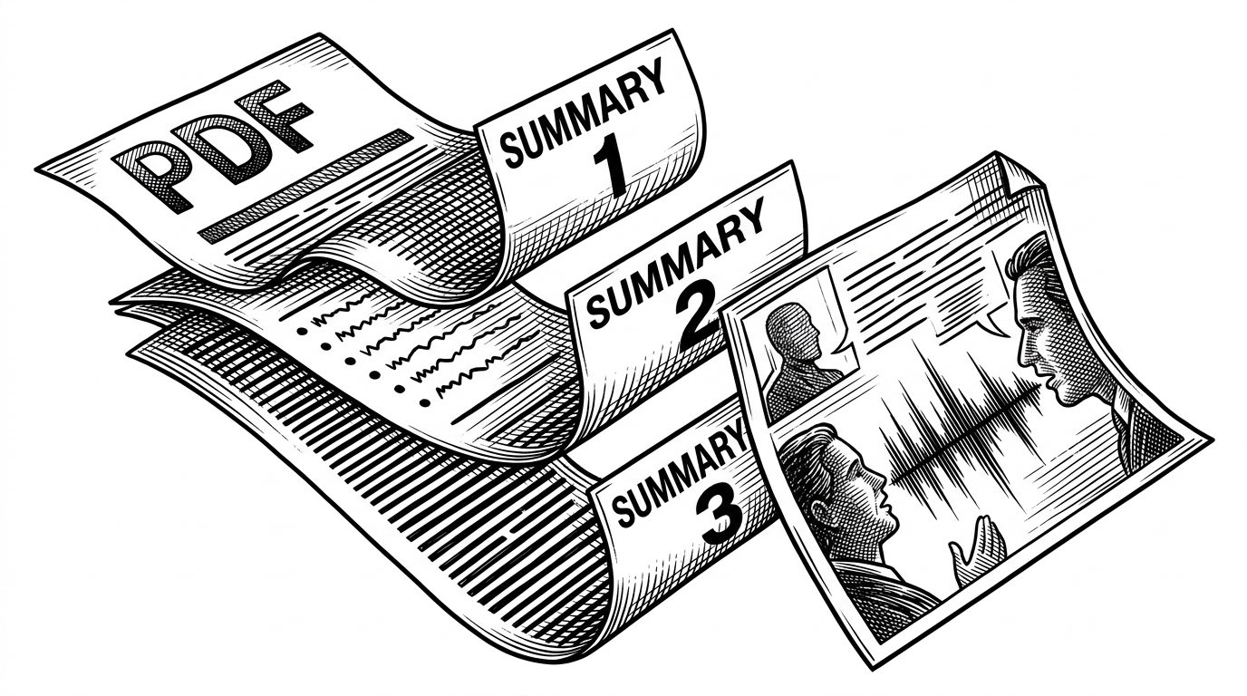 A PDF page is split into layered strips that preserve headings, bullet lists, and body text. Each strip becomes a summary card, and the cards converge into a dialogue script with two speaker labels and a waveform. The image explains how chunking and hierarchy preservation prevent long documents from collapsing into shallow summaries.