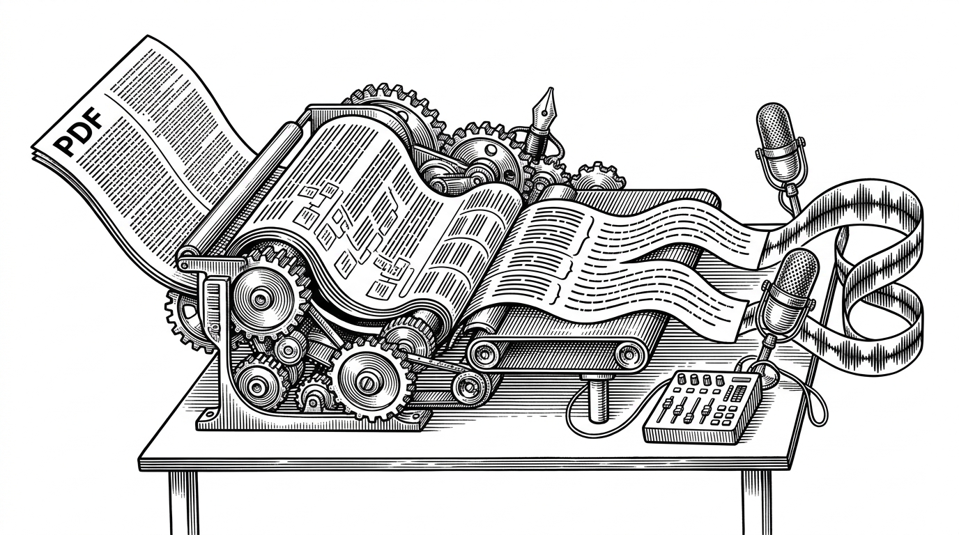 A large PDF page is fed through a series of mechanical stages and comes out as a podcast setup with two microphones and a waveform. The image explains that the project does not simply read text aloud. It re-authors a document into a structured audio conversation.