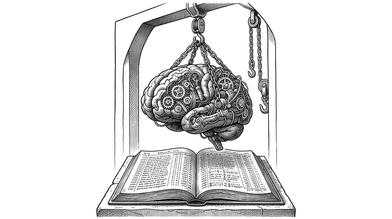 A giant, intricate mechanical brain suspended by heavy steel chains over a massive, immovable ledger carved in stone. This illustrates the concept of AI memory being cryptographically anchored to an immutable blockchain ledger.