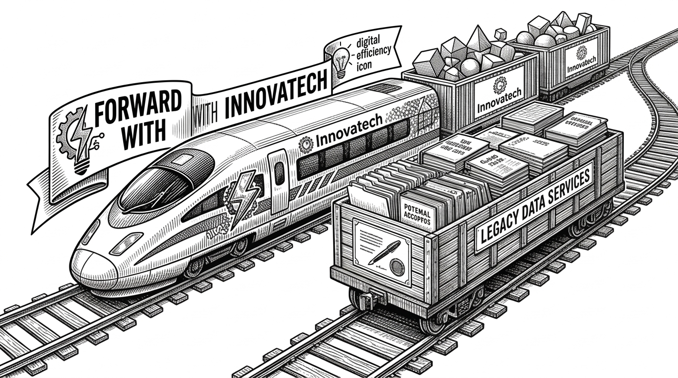 A sleek, high-speed bullet train carrying geometric shapes running perfectly parallel to a sturdy, traditional rail car carrying paper files. This illustrates the dual-engine SDK approach where WASM handles high-speed vector math while standard JavaScript handles metadata.