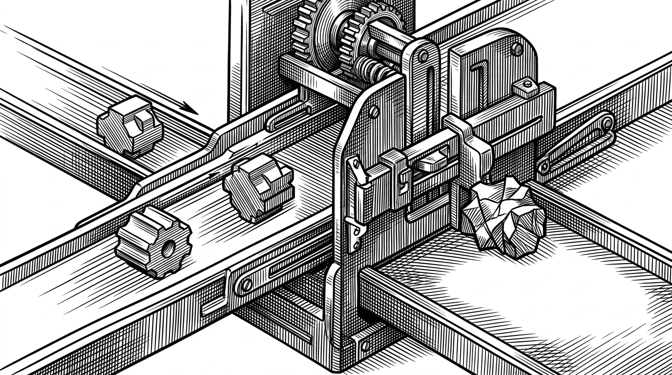 A close-up scene of a cart tray being checked by a gatekeeper mechanism. On one side, products from the same shop slide smoothly into the tray. On the other side, a product from a different shop is stopped by a mechanical latch. The image explains that the cart enforces vendor boundaries rather than acting as a neutral container.