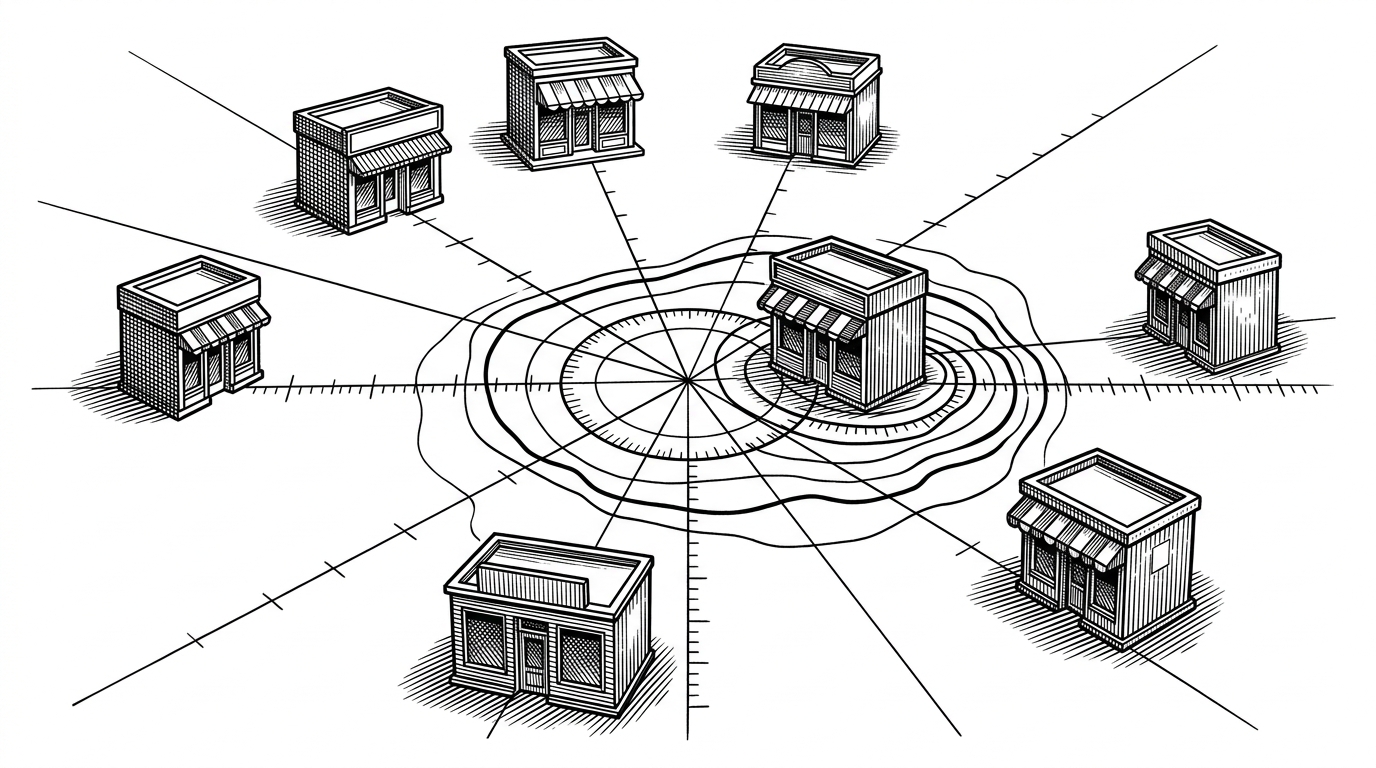 A wide marketplace scene where several small shopfronts sit at different distances from a customer point in the center. Survey-like rings and measuring lines radiate outward, and the nearest shop is visually emphasized. The image explains that proximity is the organizing rule of the application, not just a cosmetic filter.