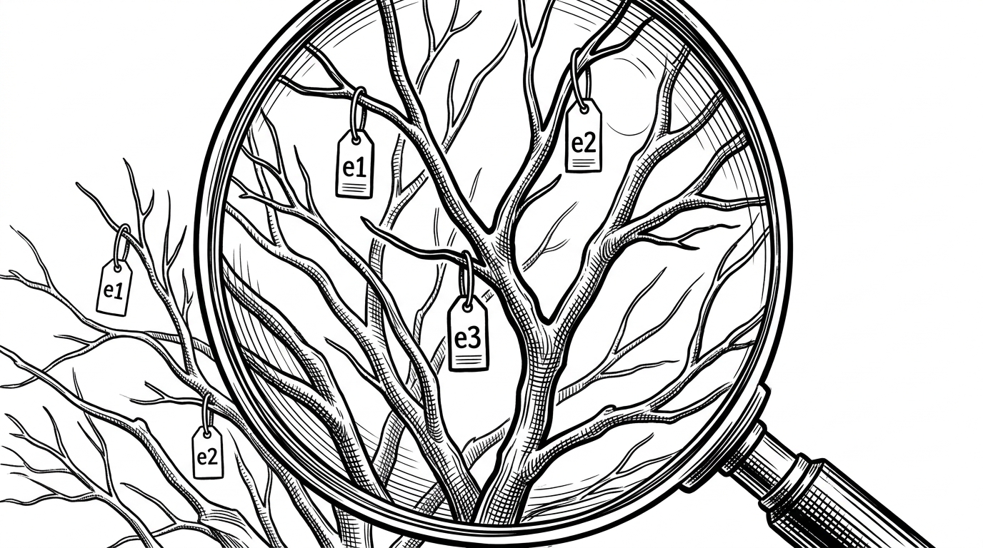 A close-up illustration of a branching accessibility tree under magnification. Several nodes hang compact reference tags such as e1 and e2, and one ref is selected while the others fade into the background, showing how the tool compresses page structure into stable pointers.