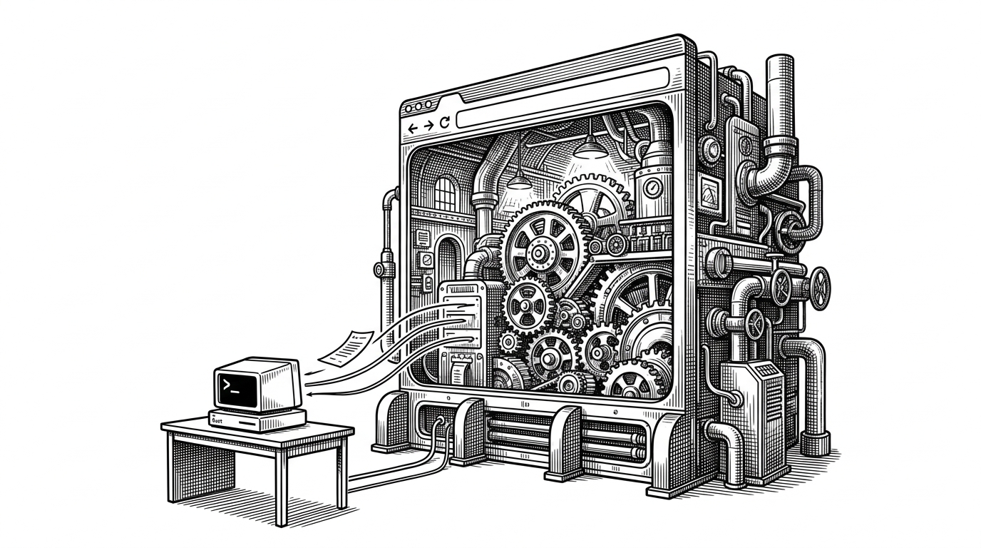 An editorial illustration of a small terminal beside a large browser engine that looks permanently switched on. Thin command slips move between them, showing that the tool keeps browser state alive while the interface stays tiny.