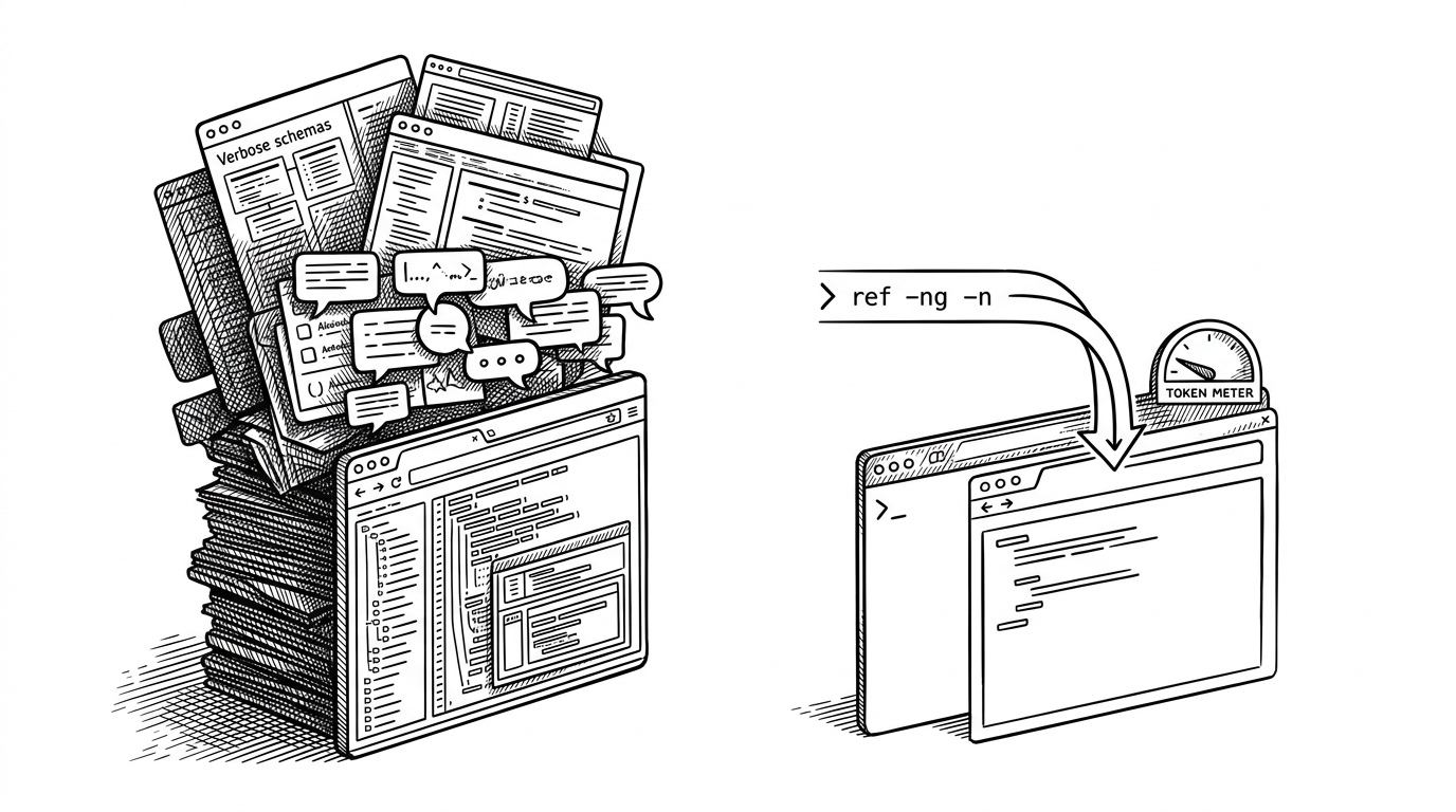 A split editorial illustration showing two browser automation approaches. One side is crushed under a tall stack of verbose tool schemas and chatty output, while the other side uses a single clean terminal line and a tiny token meter that barely moves.