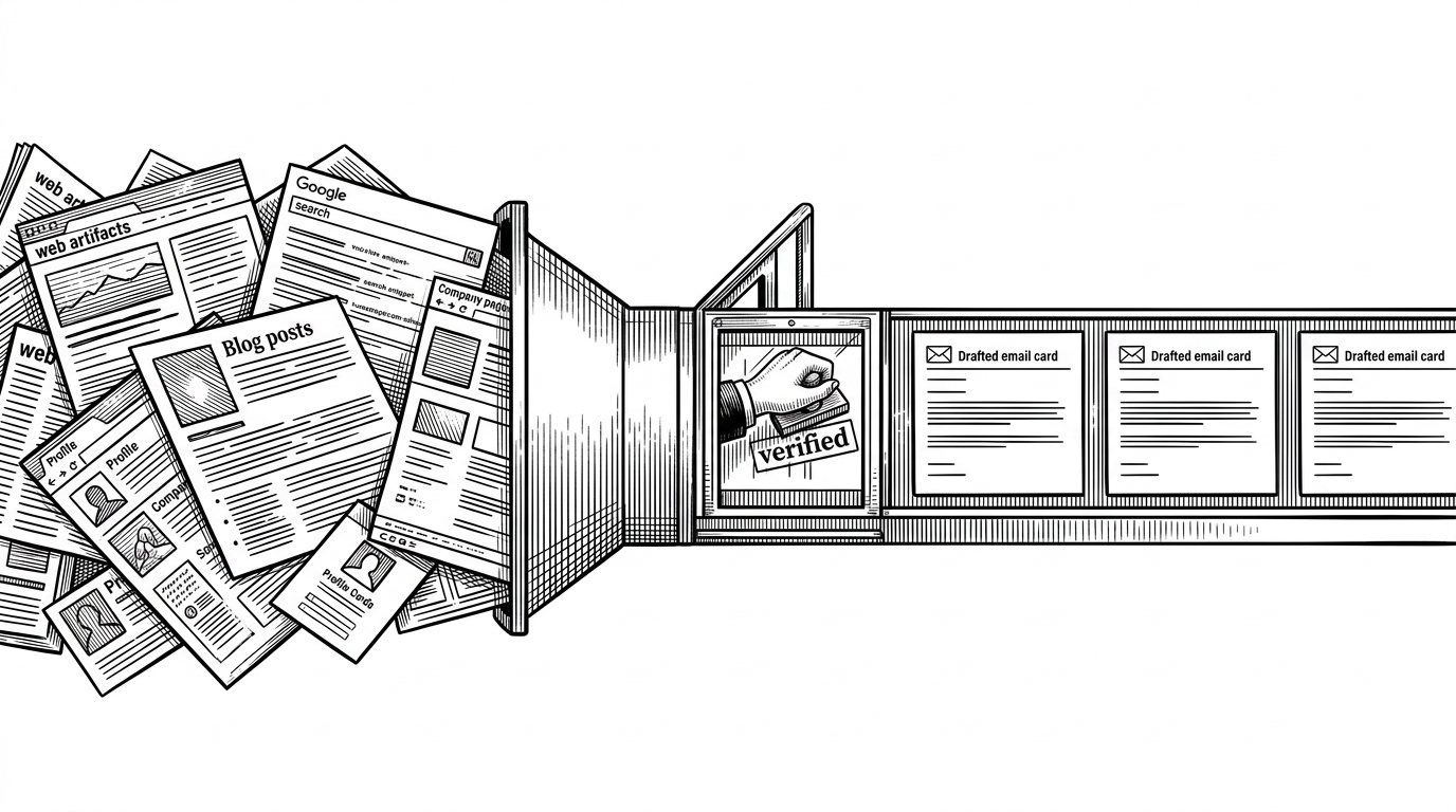 A wide editorial scene shows a messy pile of web artifacts, search snippets, company pages, and profile cards funneling through a narrow quality gate into a neat row of three email drafts. The image explains that outbound here begins with evidence, then passes through a verification step before any message is written.