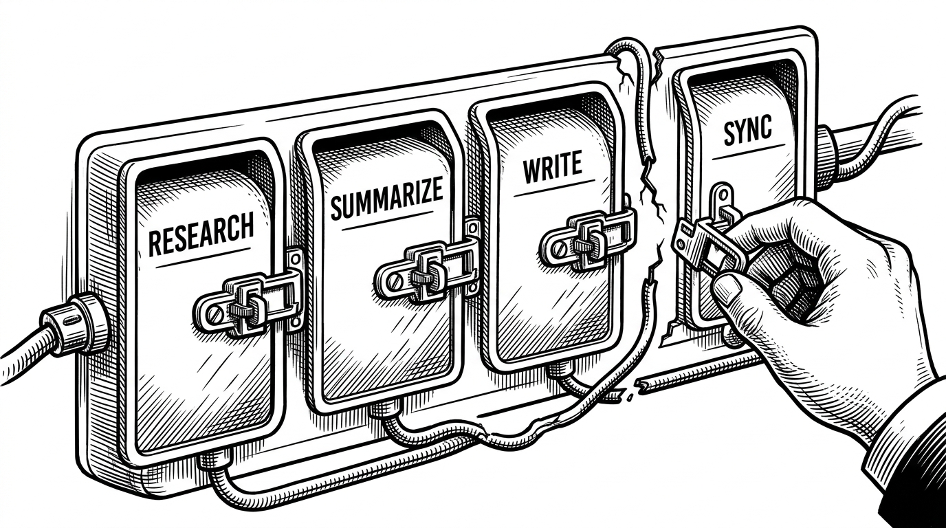 A close-up control panel shows four lit compartments labeled Research, Summarize, Write, and Sync. A cracked wire interrupts the flow between two stages, but the earlier compartments remain locked and active. The image explains durable execution, where a failure can be repaired without restarting the entire pipeline.