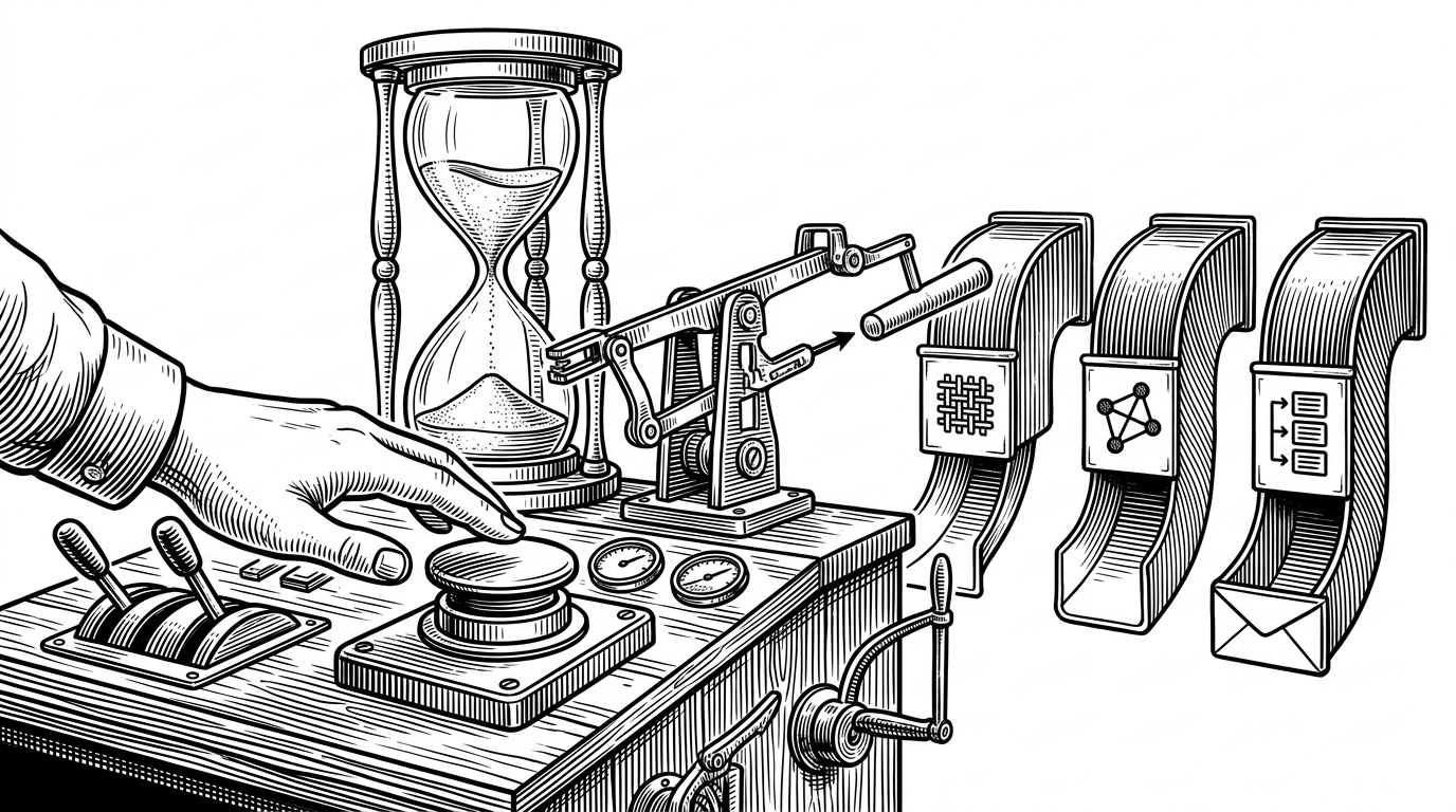 A railway signal box turned into a deployment control room, with a human hand poised over an approval button and a mechanical relay carrying state to several outgoing chutes. It explains that the bot is really coordinating decisions, waits, and follow-up work, not just posting chat messages.