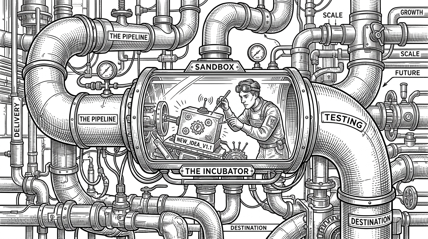 A vintage pneumatic tube system with a glass observation chamber where a technician adjusts a passing package, representing human-in-the-loop data triage.