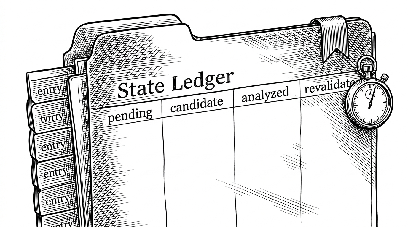 A close-up black-ink ledger showing one file moving through states like pending, candidate, analyzed, and revalidated. A small bookmark and stopped clock suggest the process can resume after interruption. It explains Deepsec’s memory model and why persistence is central to the design.