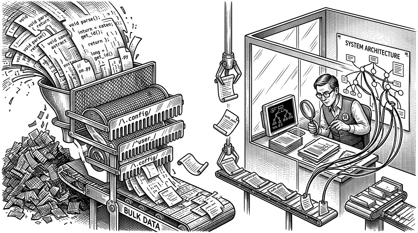 A wide black-ink editorial scene showing code fragments being filtered by precise mechanical combs on the left, then carried into a glass-walled analysis chamber on the right. It explains Deepsec’s core idea: cheap matching narrows the search so expensive agentic reasoning can focus on high-value candidates.