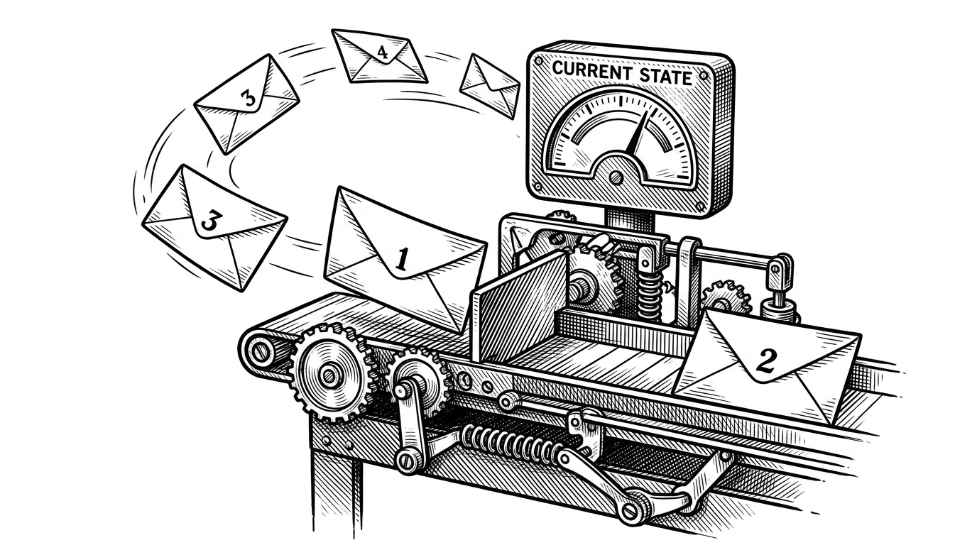 A mechanical sorting machine processing floating envelopes that are out of numerical order. A gauge blocks envelope 1 from passing if envelope 2 is already inside.
