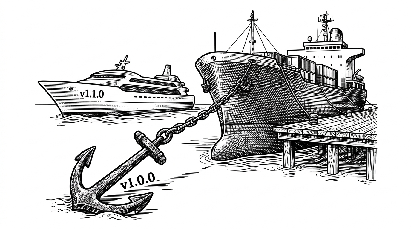 A ship anchored to a heavy rusted weight labeled Rollback, while a shiny new ship sails past unable to dock.