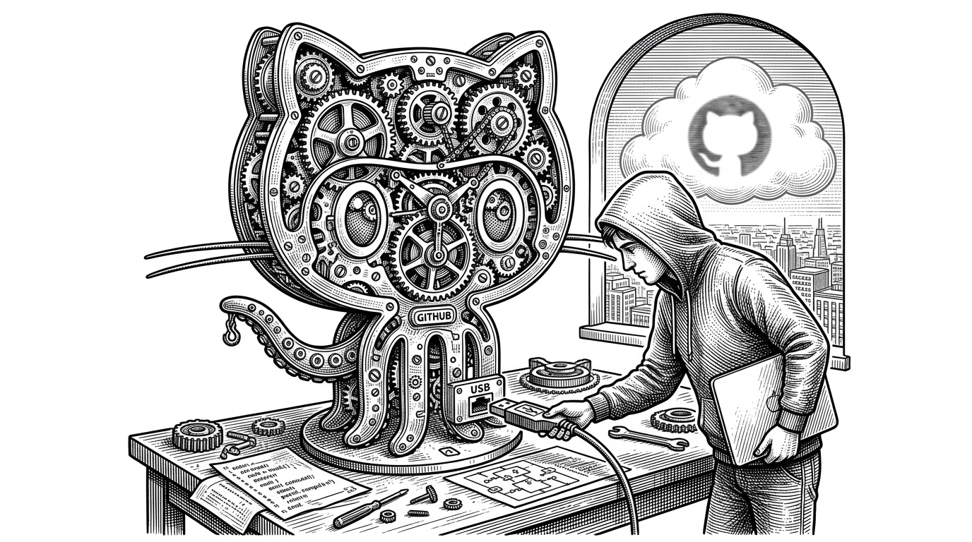 A giant mechanical clockwork model of the GitHub logo on a workbench, with a developer plugging a USB cable into it, illustrating a local mechanical twin of a cloud service.