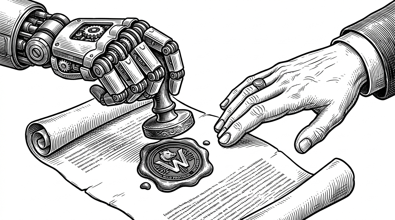 A close-up of a robotic hand stamping a wax seal onto a scroll before handing it over to a human hand.