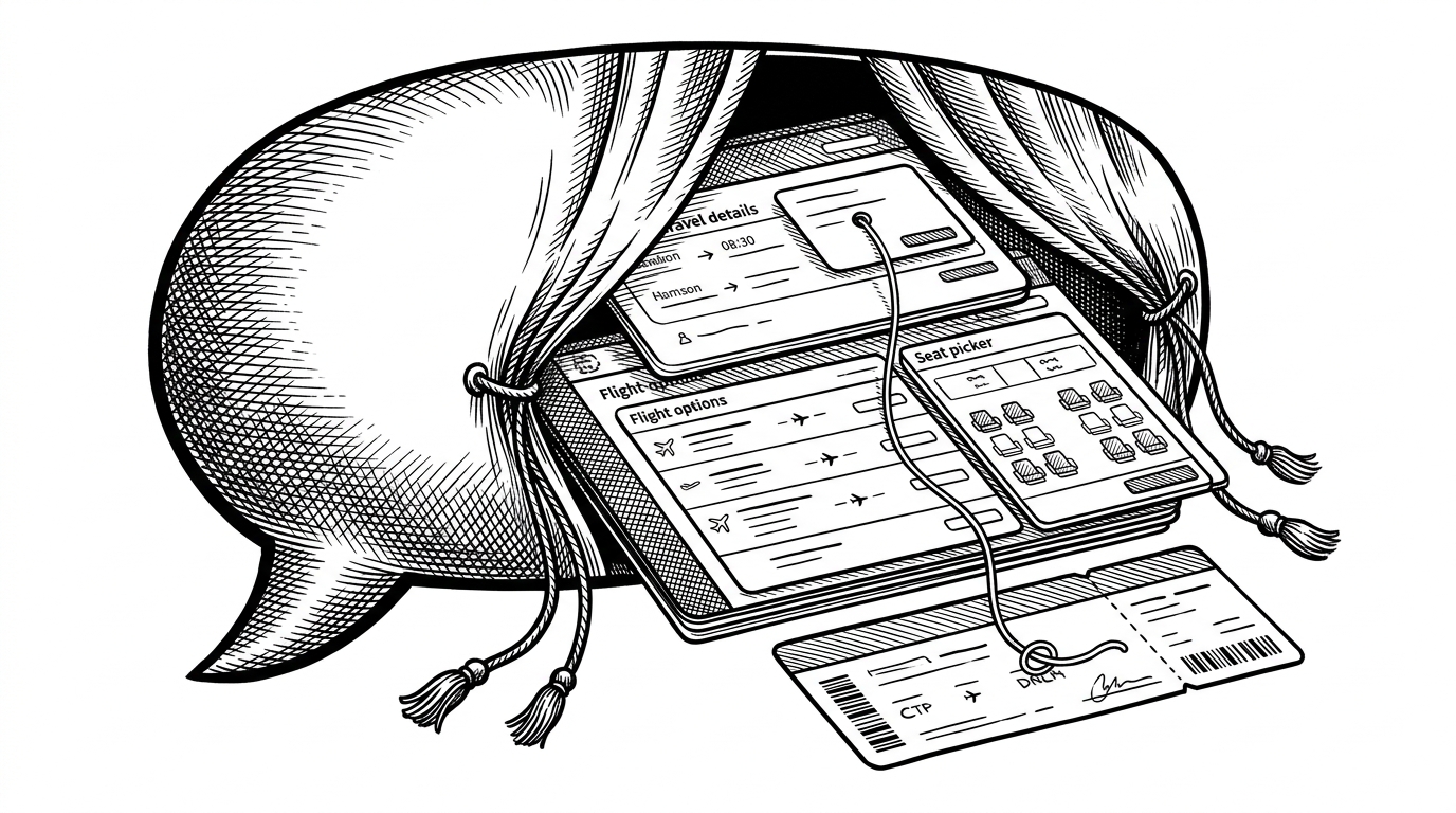 A chat bubble opens like a theater curtain to reveal a flight-booking interface underneath. The image shows that the conversation is only the entry point, while the real product is the task-specific UI that appears after the model decides what to do next.