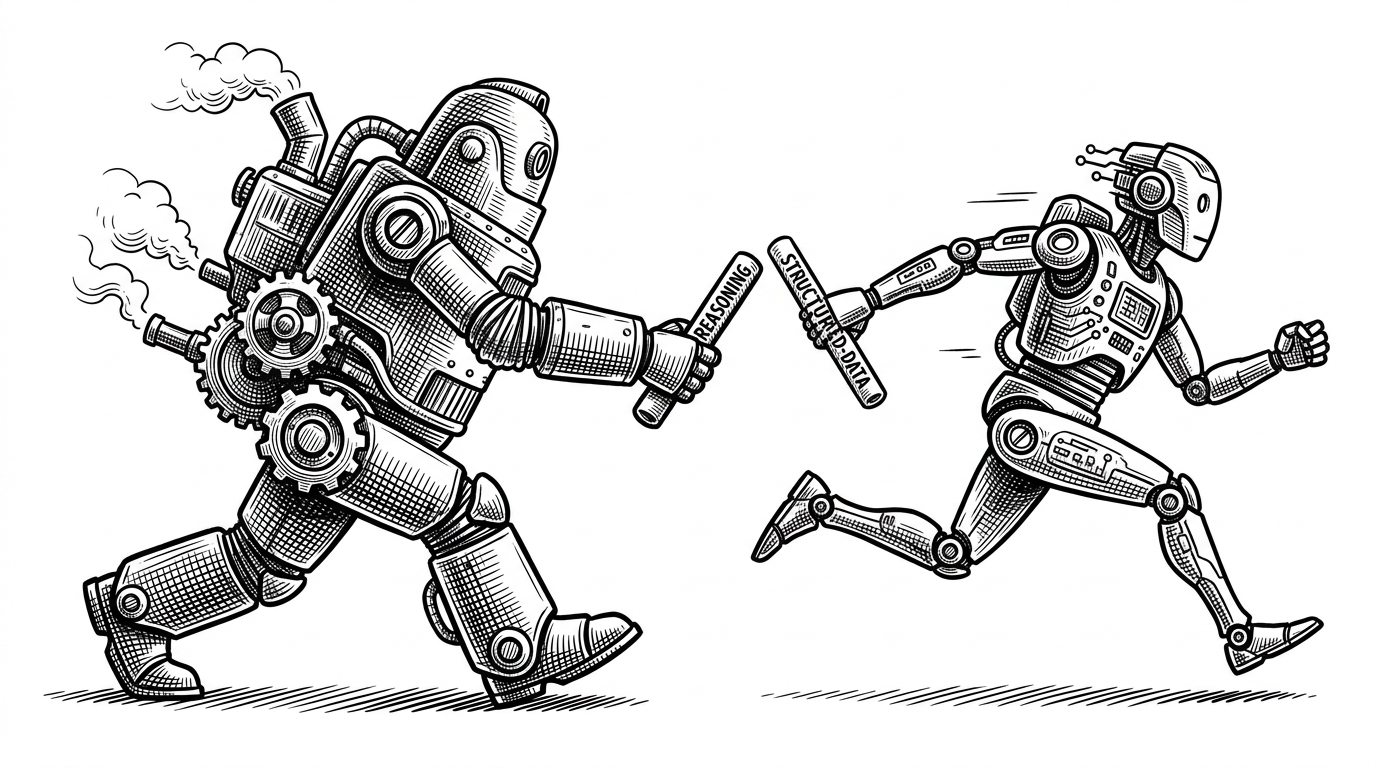 A relay race between two engines, one large and deliberate, the other compact and fast, passes a baton across a clean white field. The image explains how the template routes reasoning to one model and structured object generation to another.