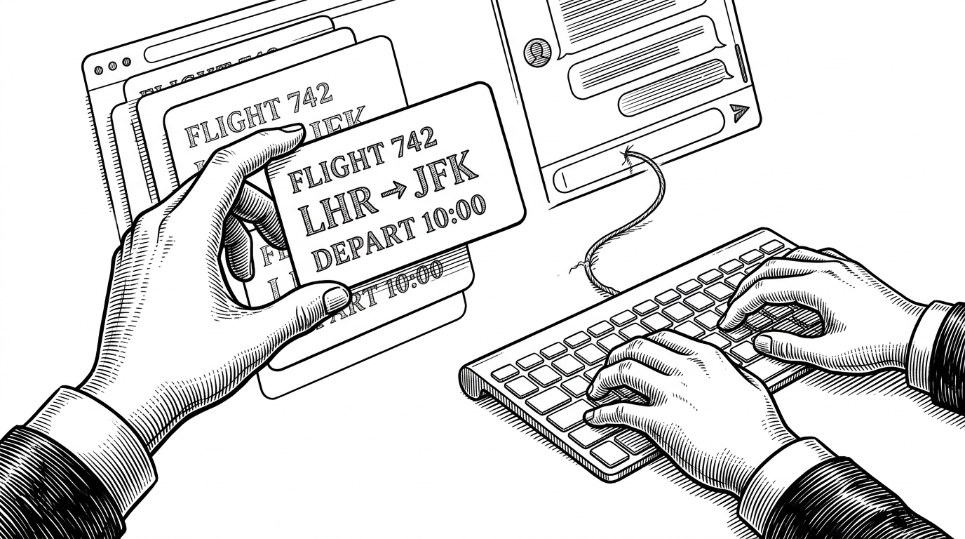 A close-up of a hand selecting a flight card while a second hand types into a chat box connected by a taut thread. The image shows how a UI action becomes the next chat message, which is the core feedback loop in the template.