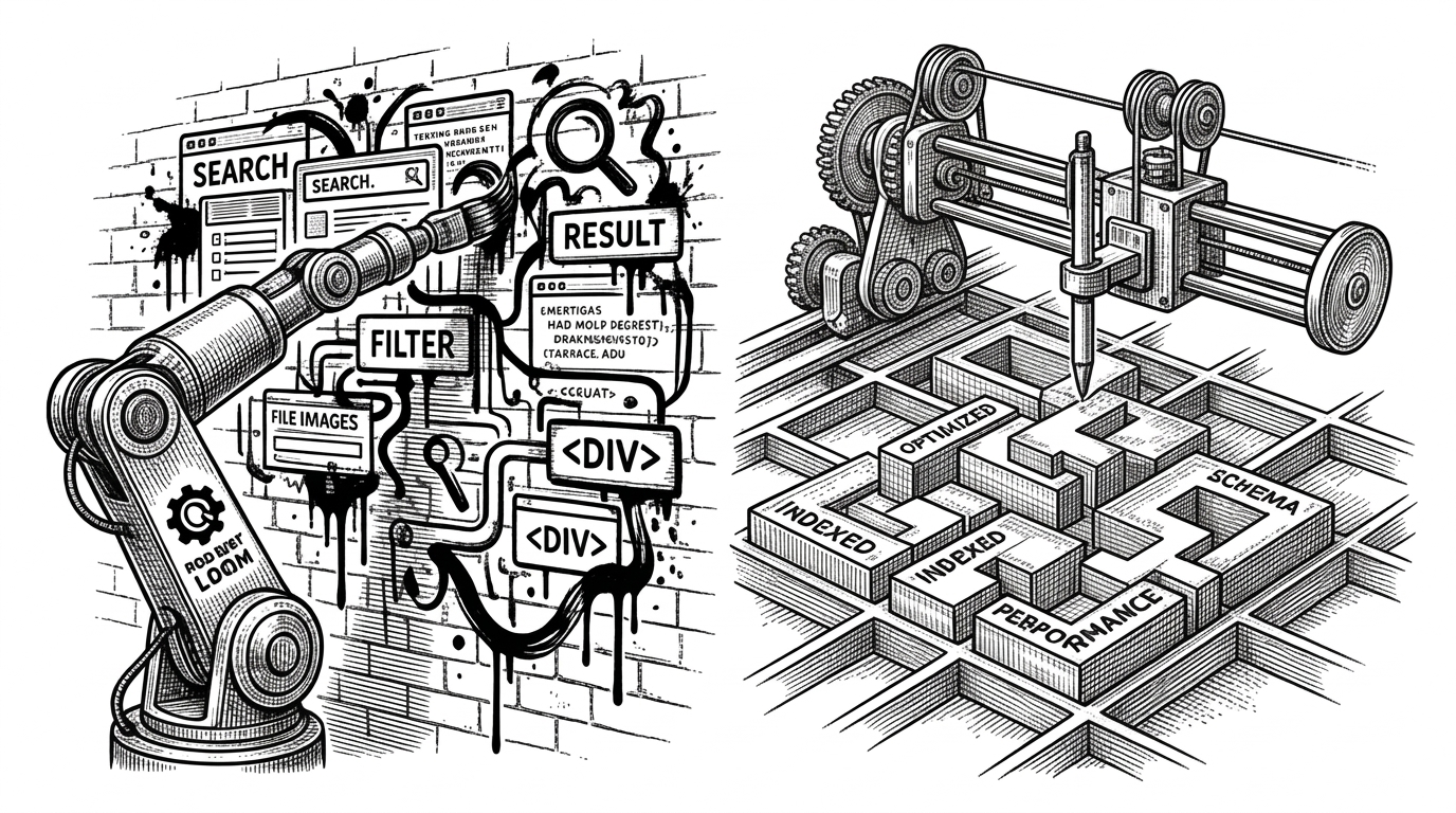 A split scene showing a mechanical hand painting a chaotic mural on the left, and a precise drafting machine placing geometric blocks into a grid on the right. This illustrates the shift from unconstrained code generation to structured UI composition.