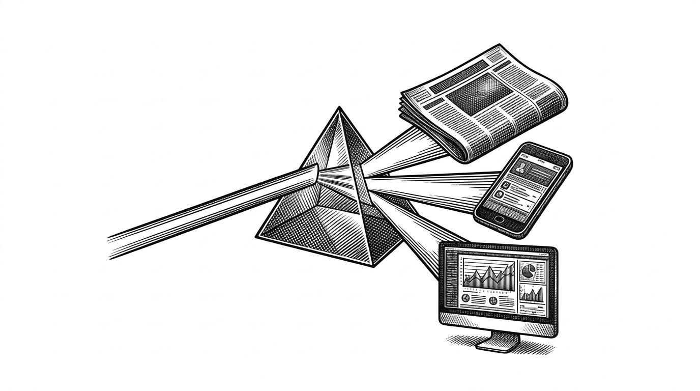 A single beam of light entering a glass prism and splitting into a printed document, a mobile screen, and a desktop monitor. This illustrates the framework's ability to render one JSON spec across multiple platforms.