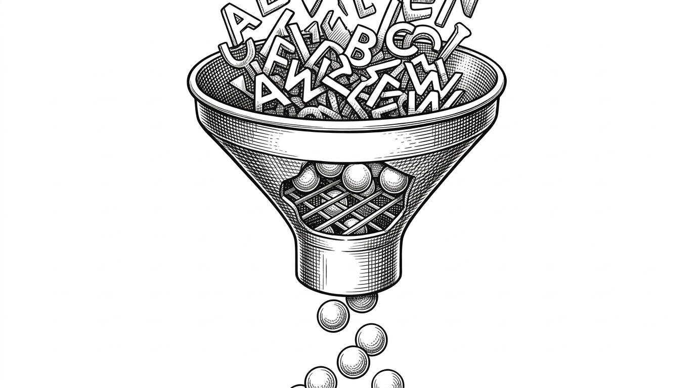 A close-up of a heavy industrial funnel catching jagged alphabet soup debris while allowing smooth spheres to pass through. This represents the strict validation layer catching AI hallucinations.