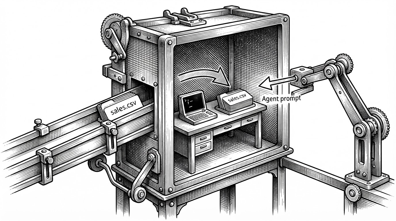 A stack of file cards slides into a small chamber before the agent arrives. The prompt enters only after the files are already in place. The image explains the manifest pattern, where context is injected before reasoning begins.