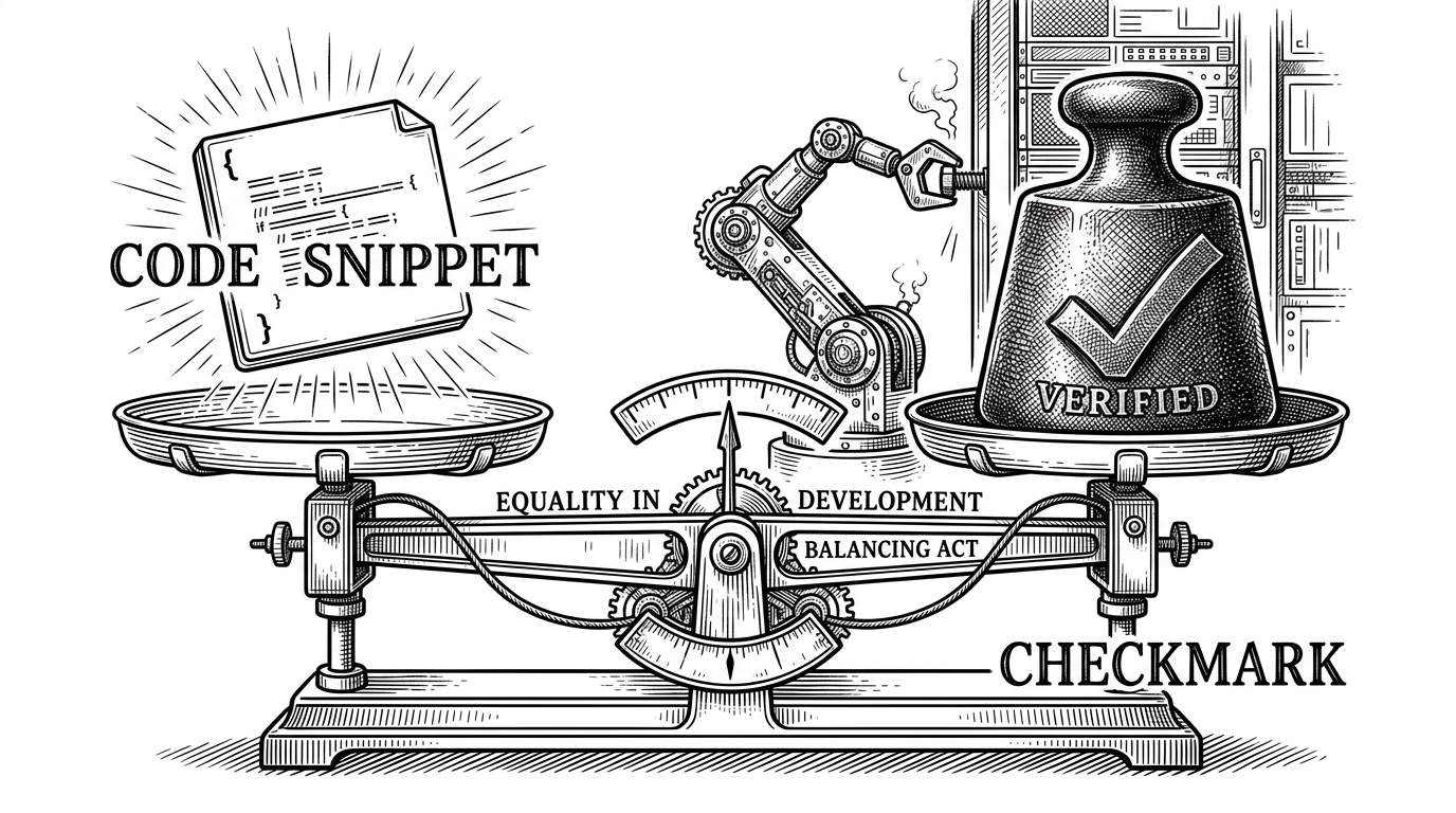 A vintage-style laboratory scale balancing a code snippet with a heavy iron checkmark, illustrating the concept of verified code suggestions.