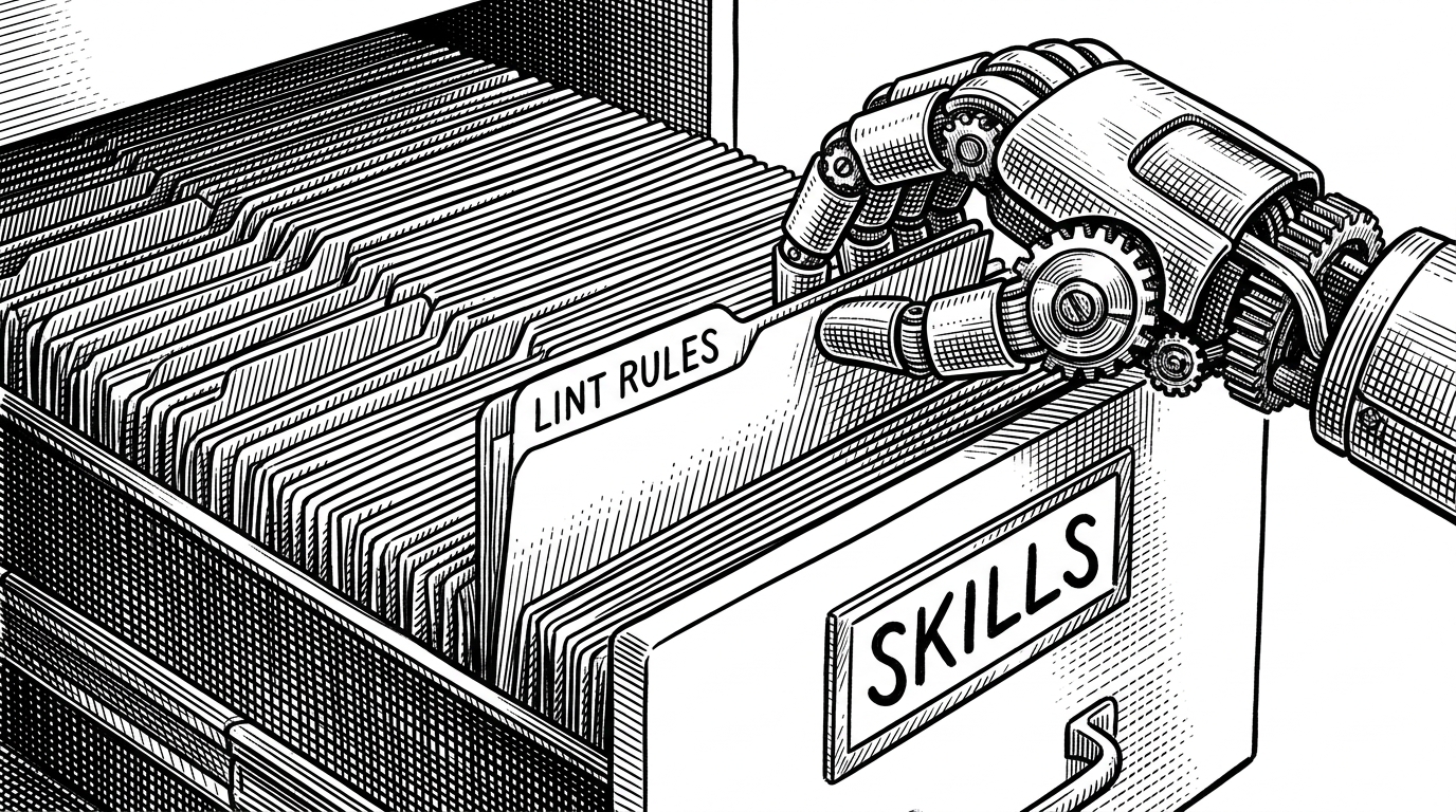 A mechanical hand pulling a single specific folder labeled 'LINT RULES' from a massive filing cabinet.