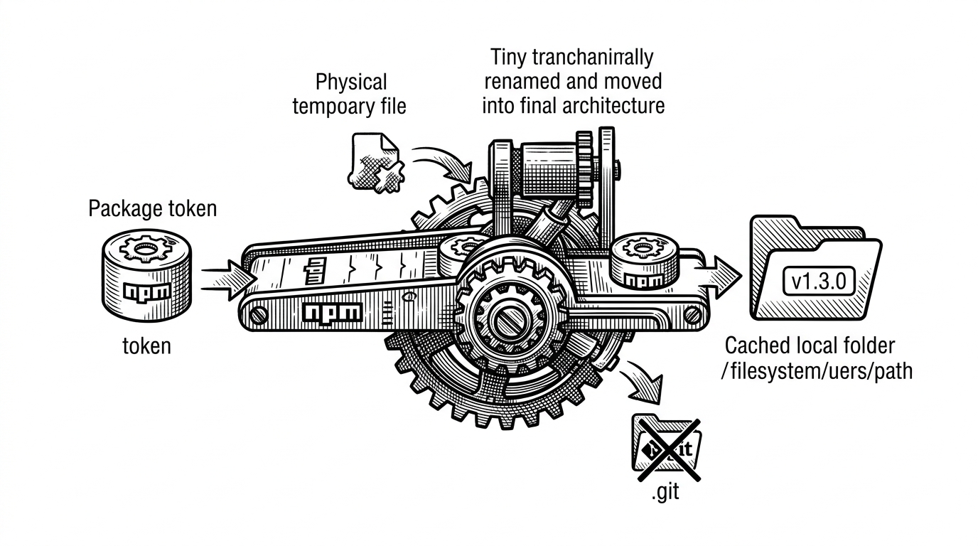 A close-up mechanical scene showing a package entering a narrow bridge, then reappearing as a cached folder stamped with a version tag. A temporary file is being renamed into place while a tiny .git directory is peeled away. It explains the robustness and cleanup work that makes repeated source lookup trustworthy.