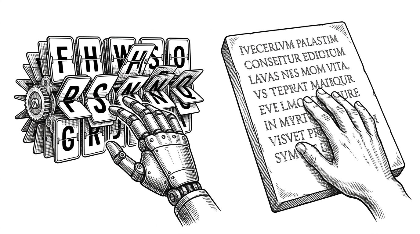 A mechanical hand attempting to read a constantly flipping mechanical split-flap display, contrasted with a human hand reading a cleanly engraved stone tablet. This symbolizes the struggle AI agents face with dynamic ports versus stable URLs.