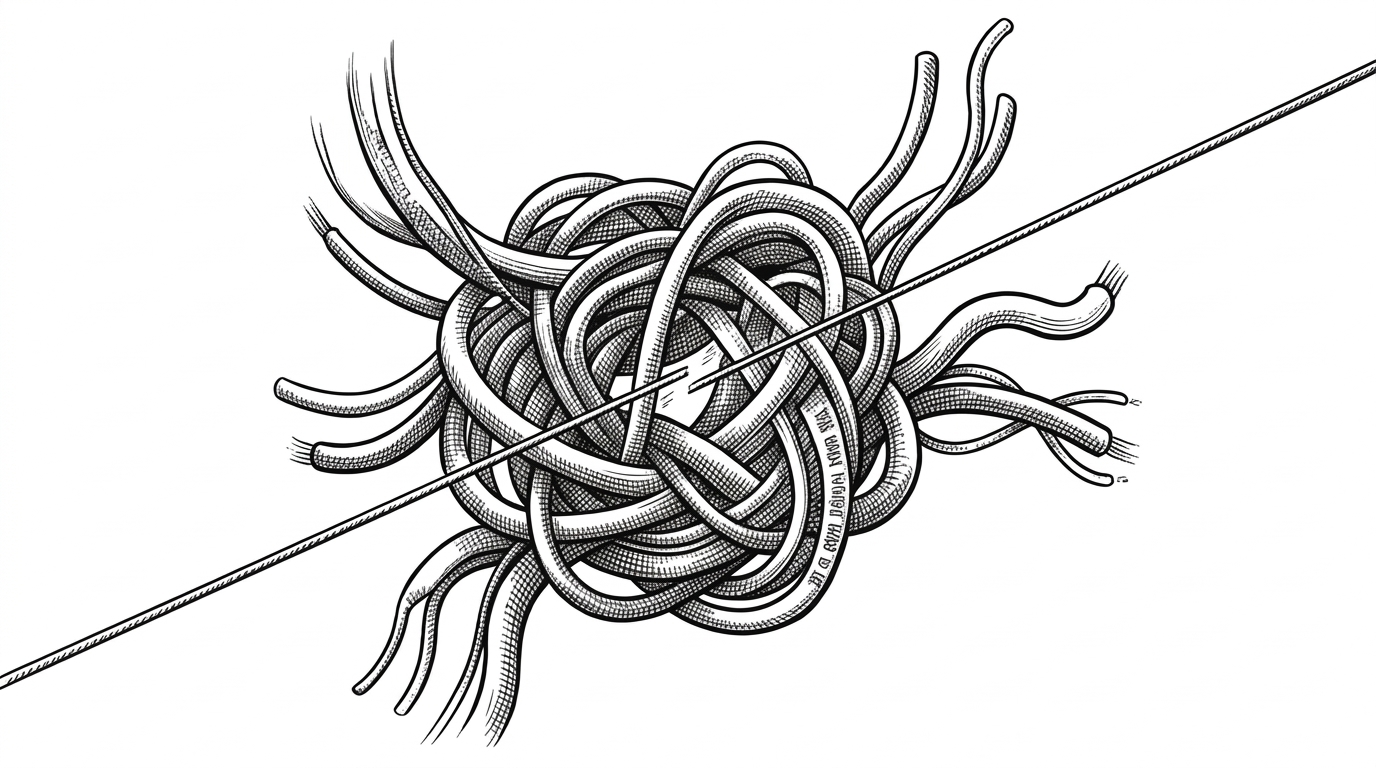 A dense, tangled knot of thick cables being cleanly sliced by a single taut wire. This represents the chaos of port collisions being resolved by stable named domains.