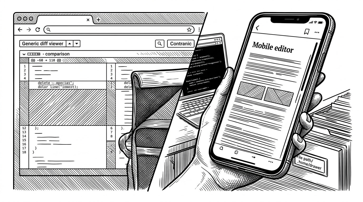 A browser window on the left shows a generic diff viewer, while a native phone editor on the right shows richer theming, smoother scroll, and more precise diff presentation. The split image makes the tradeoff visible: universal web convenience versus mobile-native rendering quality.