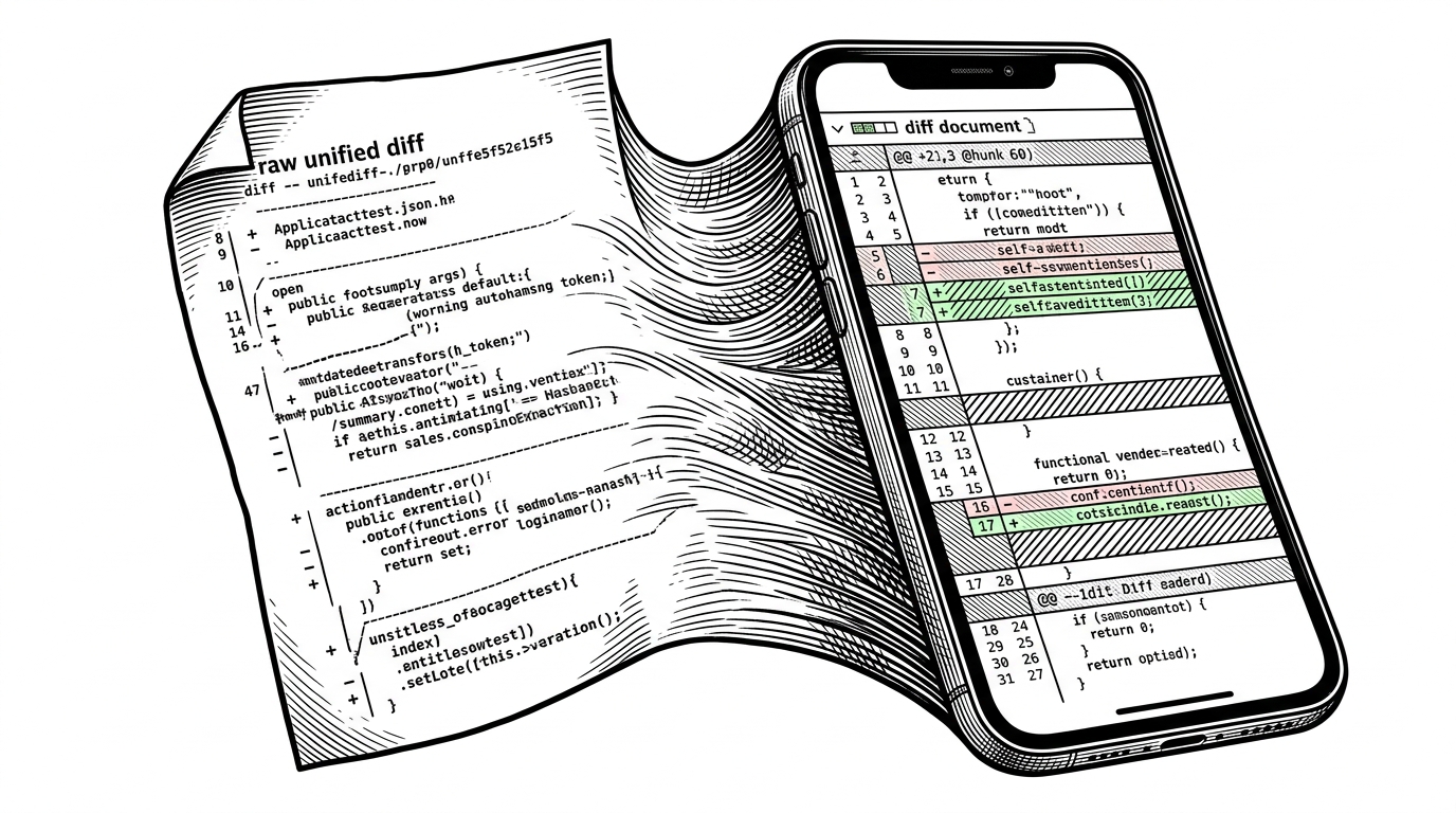A raw patch on paper transforms into a polished mobile diff view inside a phone frame. The left side feels like an ordinary text diff, while the right side shows line numbers, hunk headers, and highlighted changes rendered as a native document. This visual explains the repo's core idea: diff content is treated as a document pipeline, not a plain UI widget.