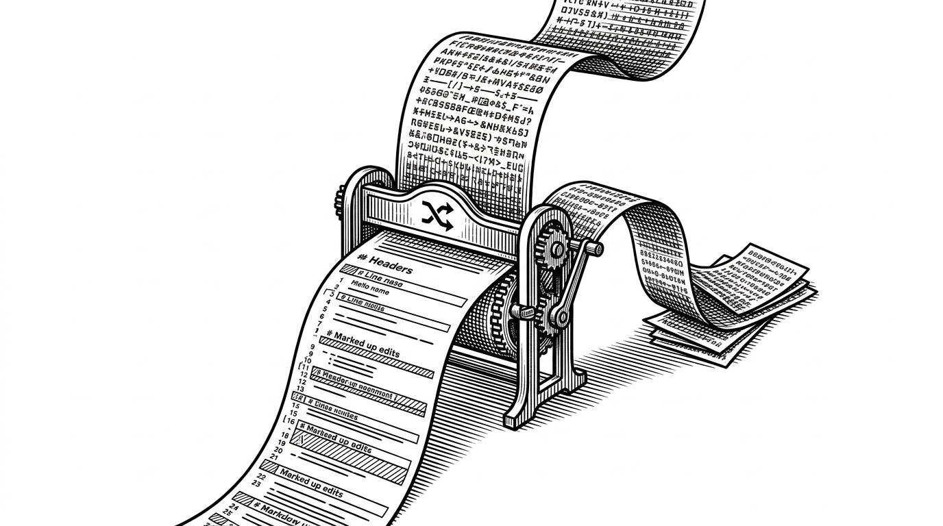 A close-up view of a scroll view feeding a markdown renderer, with a content stream entering from the top and styled diff output emerging below. A small gate blocks a redundant second pass, illustrating how repeated identical content can be skipped. This explains why the repo behaves more like a native rendering pipeline than a standard component tree.