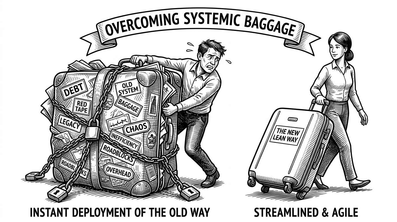 A person struggling to move a massive, overstuffed suitcase anchored to the floor, while an empty suitcase slides easily.