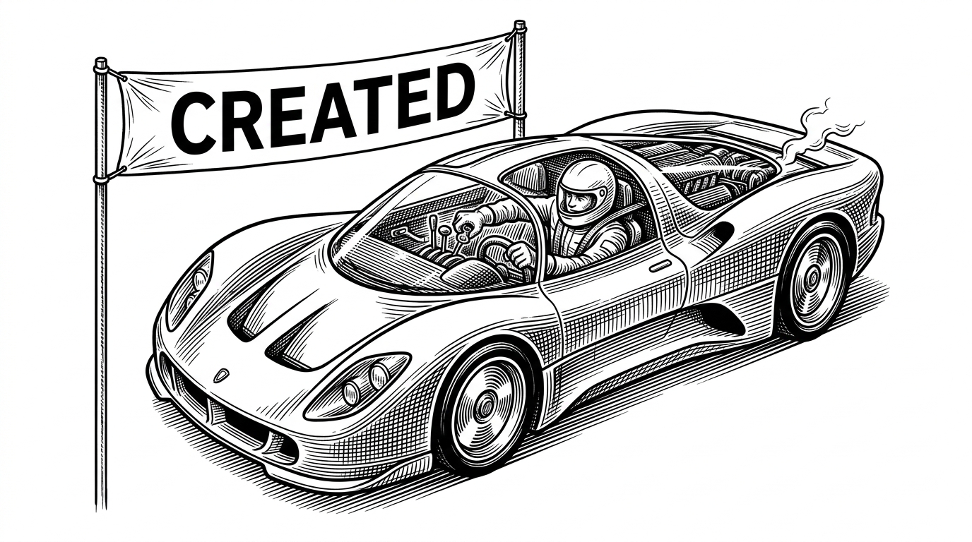 A futuristic racing car crossing a finish line labeled 'CREATED' while the driver is still frantically trying to start the engine.