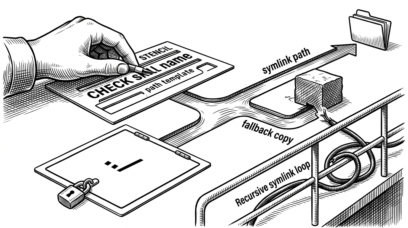 A close-up black-ink illustration of a workbench where an installer hand checks a skill name against a stencil. One path continues as a clean symlink, while another route falls back to a copy. A trapdoor marked ../ and a broken cable labeled ELOOP are blocked by guardrails.