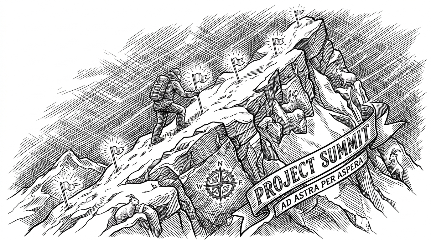 A mountaineer leaving a trail of glowing flags up a peak during a storm.