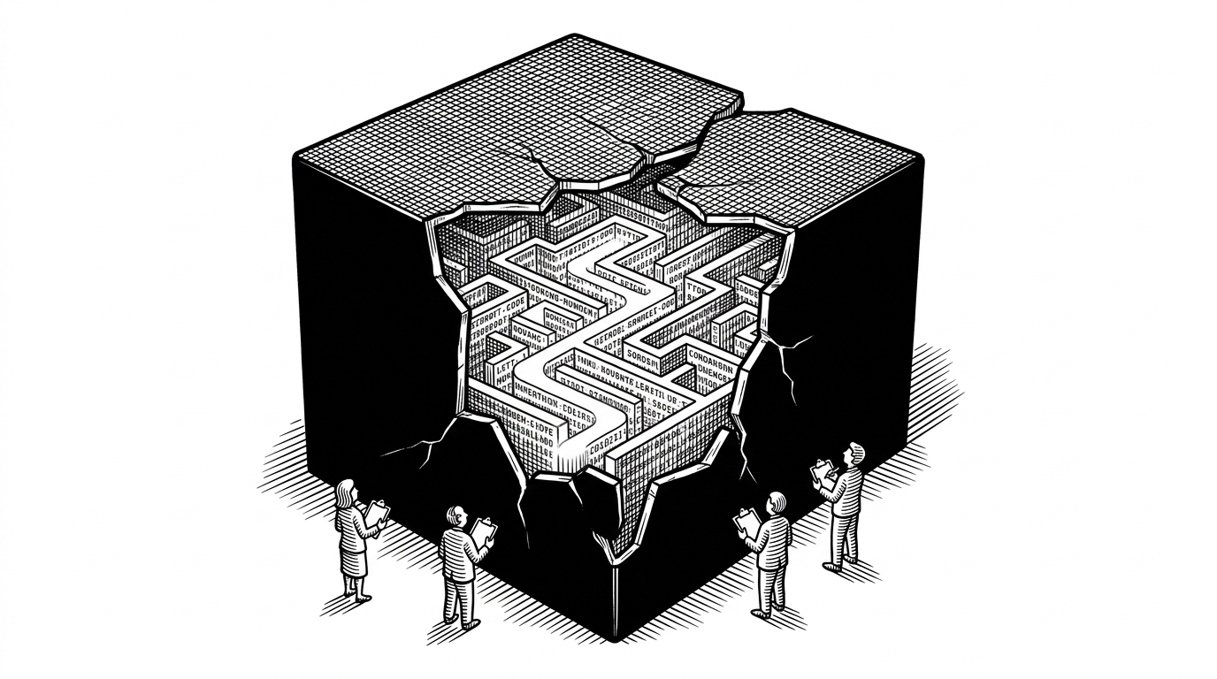 A giant monolithic black box being cracked open. Inside, instead of wires, there is a glowing, structured labyrinth of text representing code. Small, stylized observers with clipboards are watching a single glowing path illuminate through the text maze.
