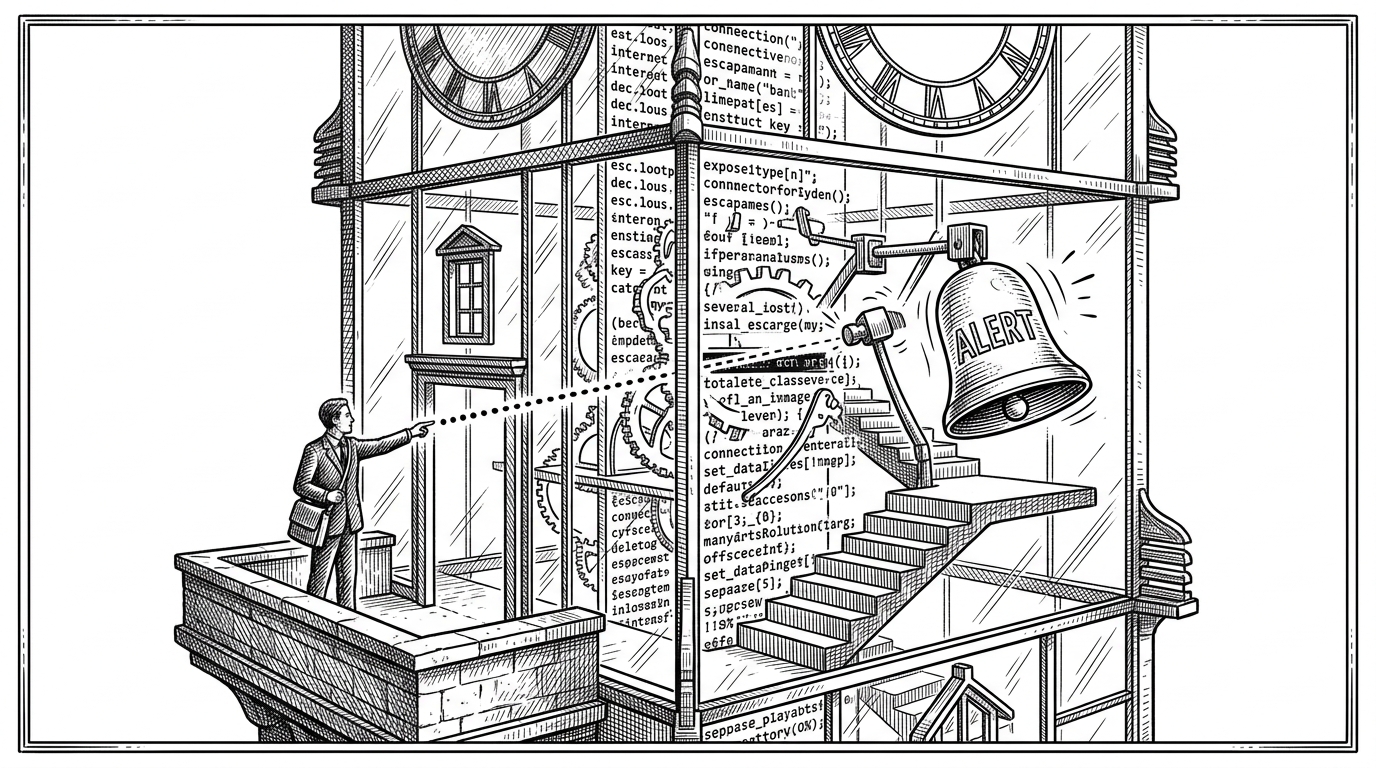 A black and white illustration of a transparent glass clocktower where the internal mechanism is made of lines of code instead of gears.