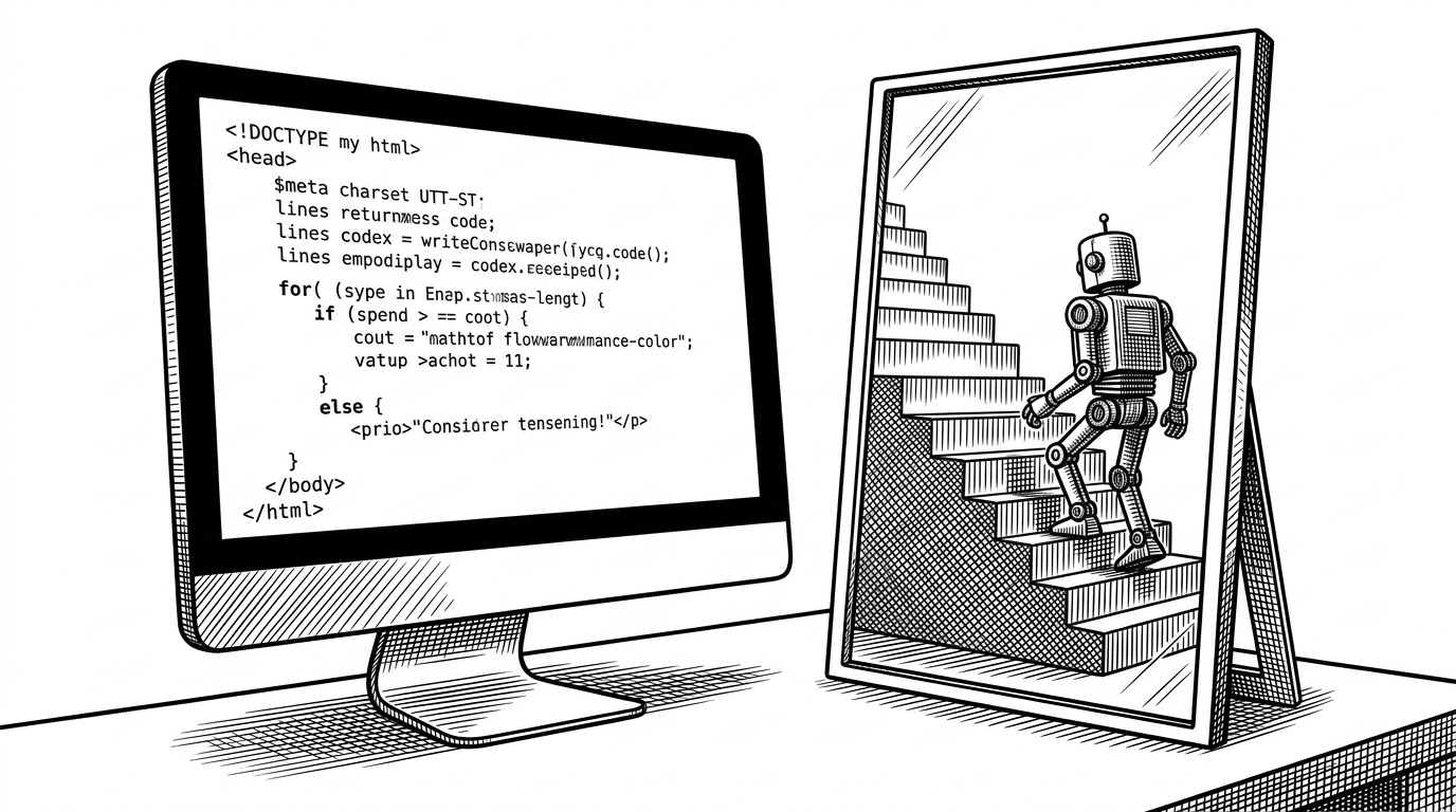 An illustration of a computer monitor reflecting a mirror, where the code on the screen turns into a physical staircase in the reflection.