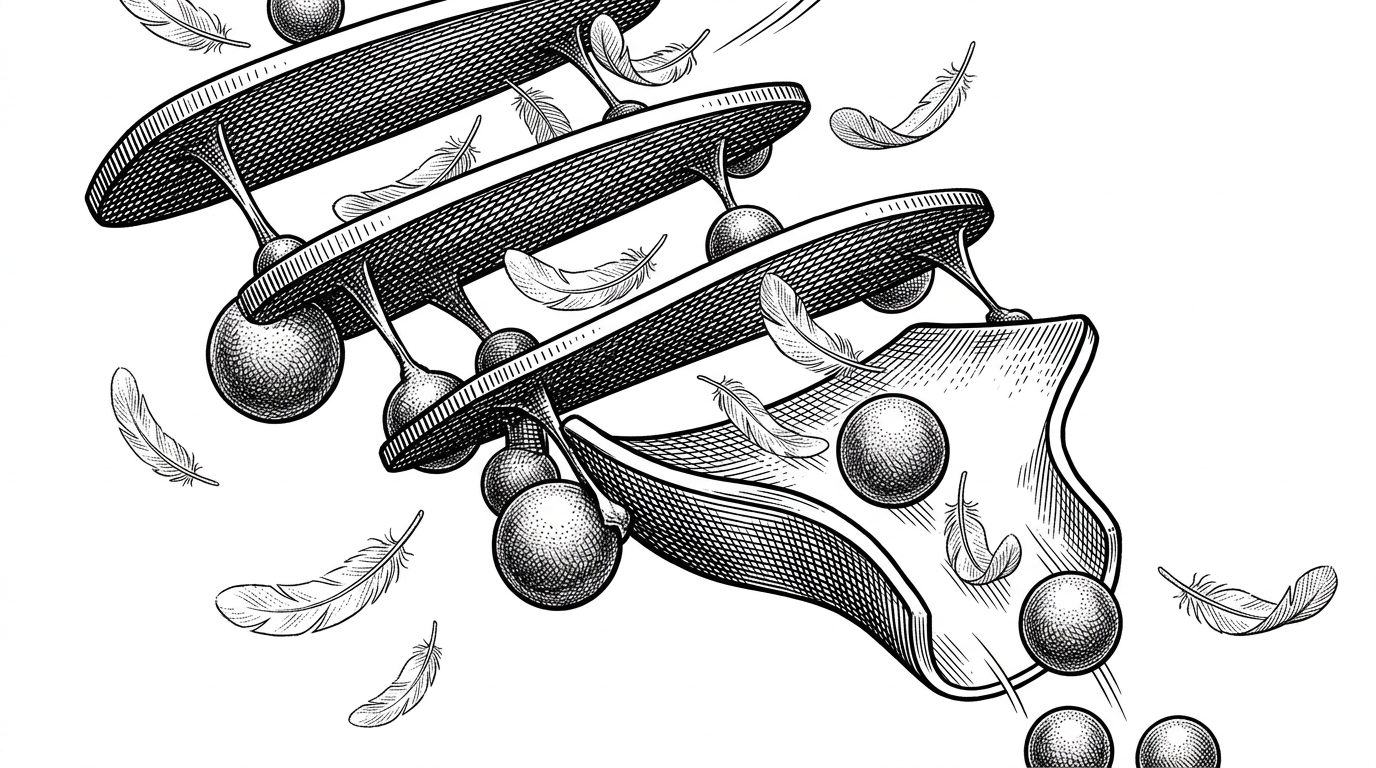 An illustration of floating magnetic plates sorting heavy metallic spheres from light feathers.