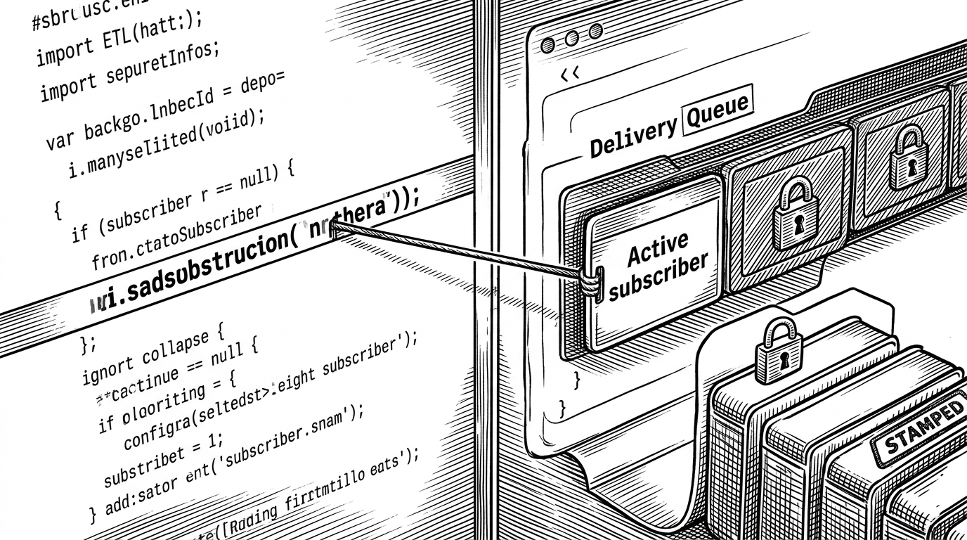 A close-up of a code editor page split into source on the left and live execution on the right. One highlighted line is tied by a taut thread to an active subscriber in a delivery queue, while completed steps are stamped and locked, showing how runtime state maps back to source lines.