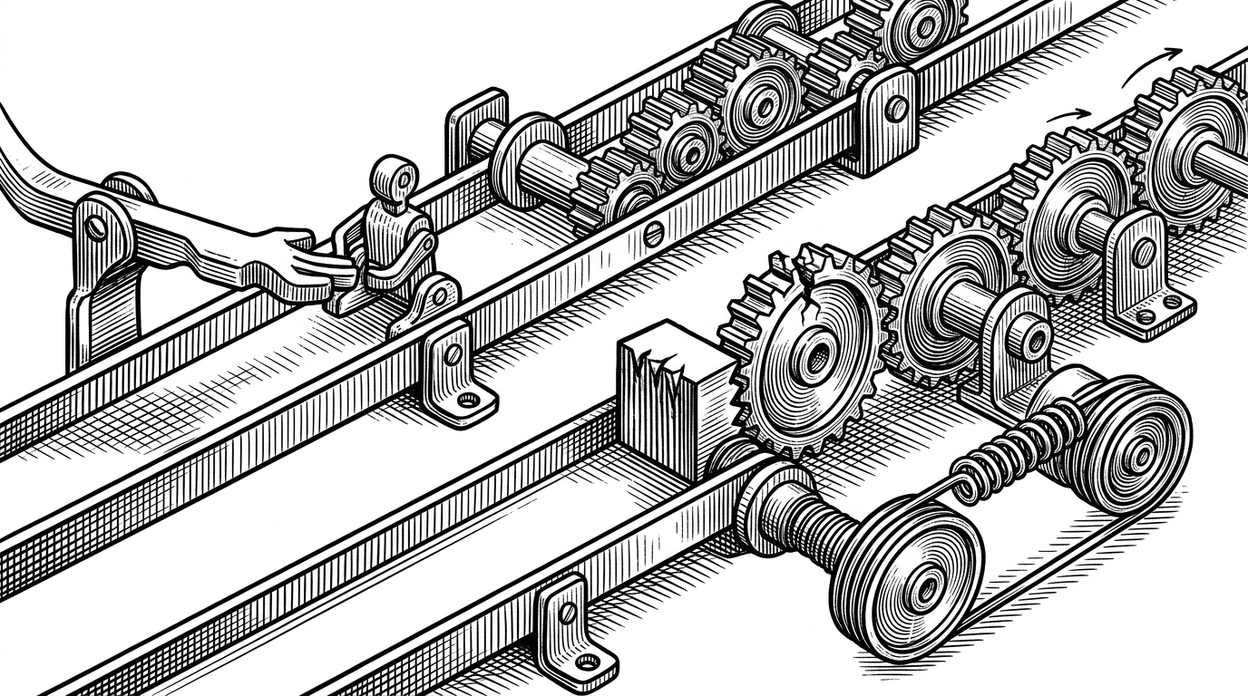 A close-up of a relay mechanism with two tracks. One track keeps moving through a normal delivery path, while the other hits a hard stop sign on a broken branch and a separate retry arm loops beside it. The image explains how permanent failures and transient retries are treated differently inside the workflow.
