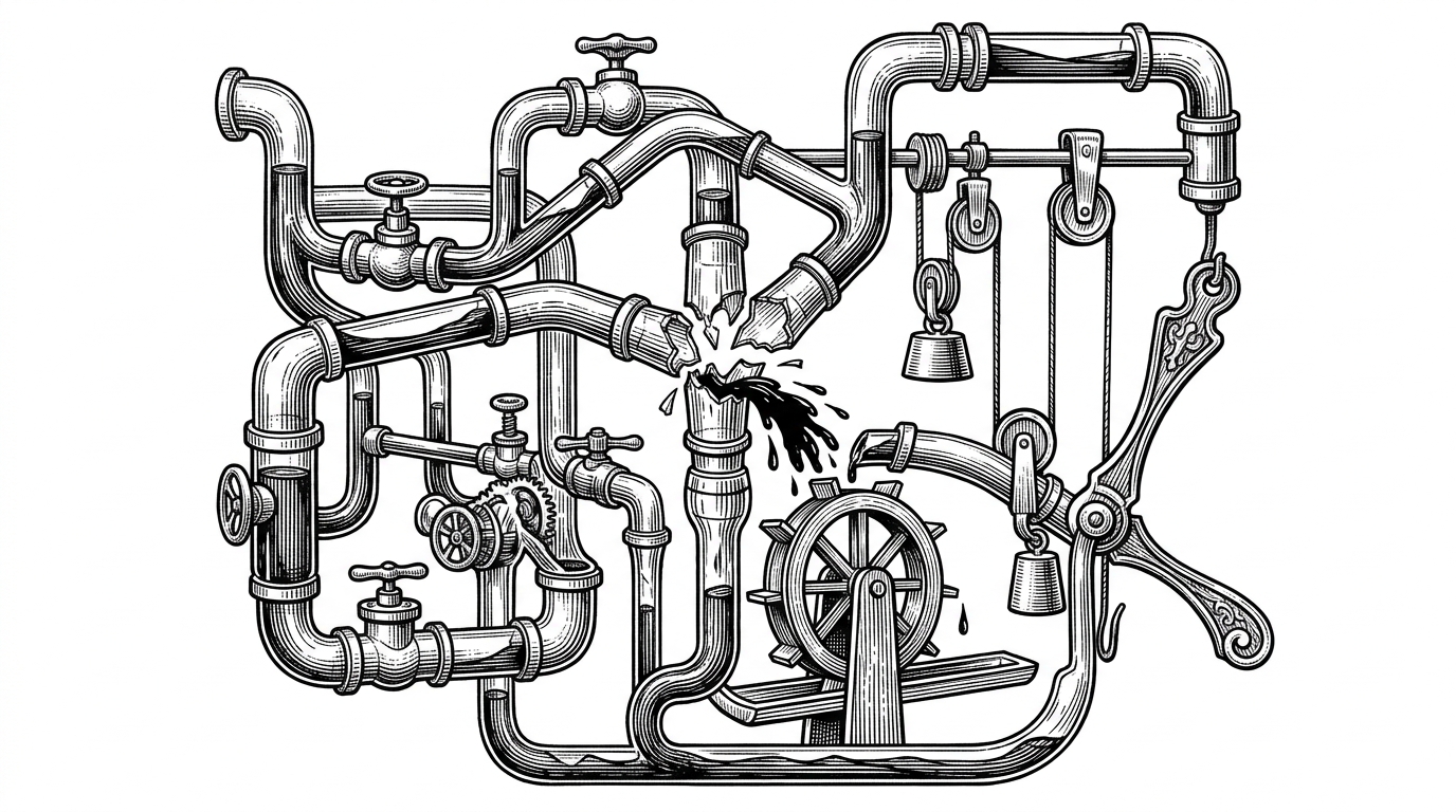 A precarious glass network of tubes where one shattered joint spills fluid, halting the entire machine. This illustrates how a single failure in a stateless system destroys the entire workflow.